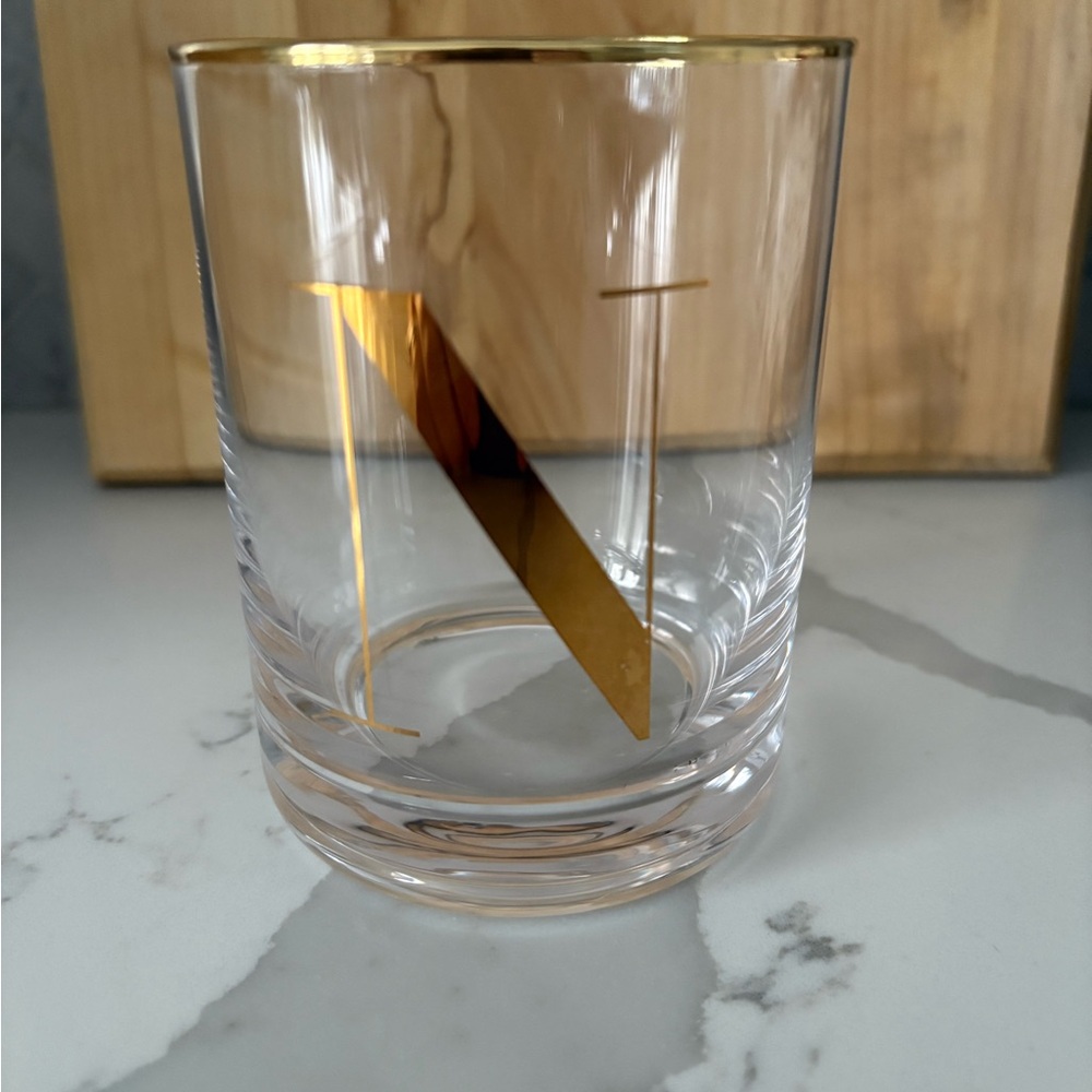 “N” monogram Life at Home brand Gold-Accented Glass Tumbler